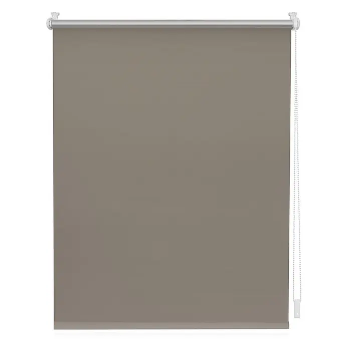 Lichtblick Thermorollo - Taupe - Beigegraues Stoff-Rollrollo mit silberfarbener Oberschiene und weißer Perlenkette.