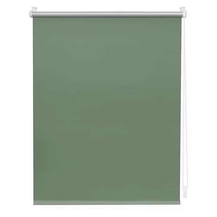 Lichtblick Thermorollo - B x H: 70 x 220 cm, Salbei - Grüner Rolladen mit silberner Oberschiene und weißer Perlenkette.