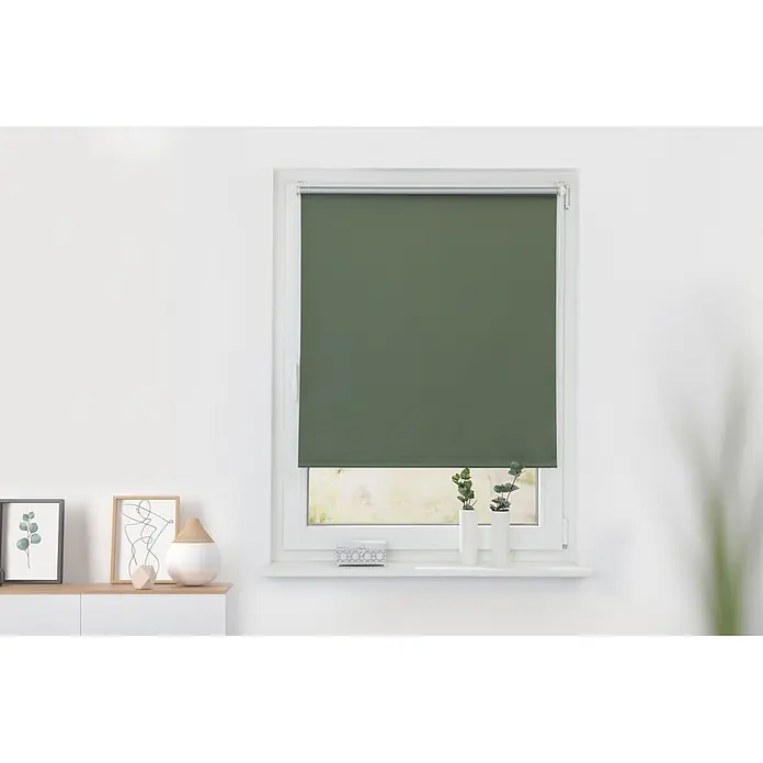 Lichtblick Thermorollo - B x H: 70 x 220 cm, Salbei - Gedämpft grünes Rollo im Fenster, teilweise die Sicht verdeckend.