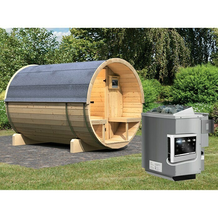 Karibu Fasssauna 2Mit Sauna Bio-Ofen 9 kW inkl. Steuerung Easy, Außenmaß: 205 x 273 x 216 cm Front View