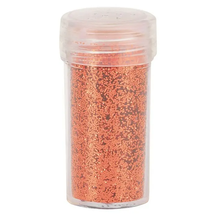 Glorex Deko-Effekt-Flitter - Rot, 14 ml - Ein Glas mit orangefarbenem Glitzer, ideal für Bastelarbeiten und zur Dekoration von Karten oder anderen kreativen Projekten.
