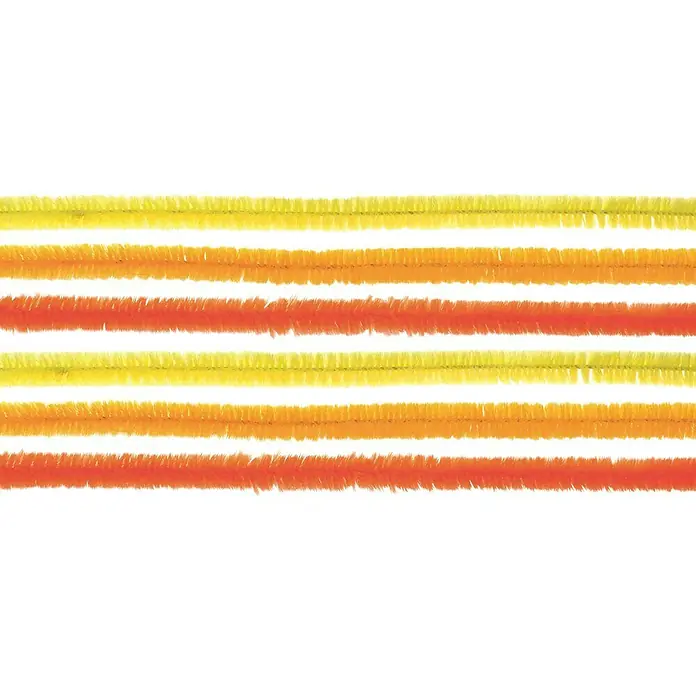 Glorex Biegeplüsch Mix I - Gelb/Orange, 50 cm, 10 Stk. - Close-up von gelben und orangefarbenen biegbaren Bastelstäben, ideal für kreative Projekte und zur Förderung der Feinmotorik.