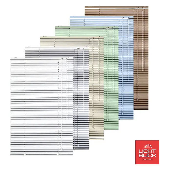 Lichtblick Jalousie - Weiß, Aluminium - Fächerförmige Anordnung von sechs Jalousien in Weiß, Grau, Beige, Grün, Blau und Braun, die Farboptionen zeigend.