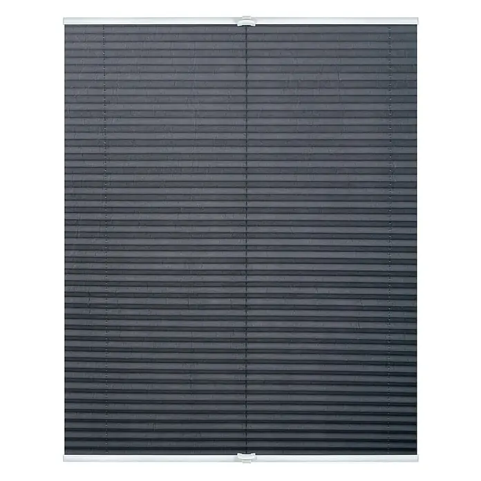Lichtblick Plissee - Grau - Dunkelgraues Plissee, ein strukturierter Stoff-Fensterbehang mit weißen Ober- und Unterschienen.