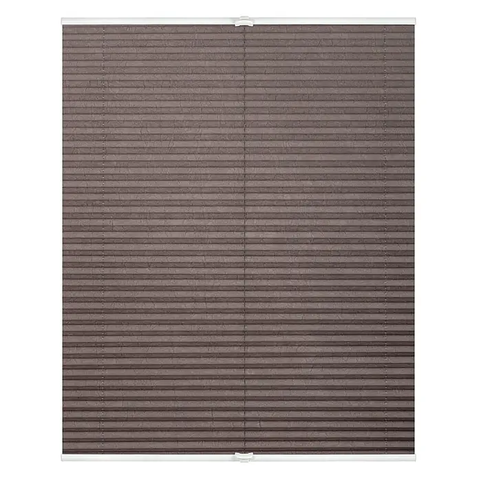 Lichtblick Plissee - Taupe - Dunkelbraunes Plissee, ein Stoff-Fensterbehang mit horizontalen Falten und weißen Schienen.