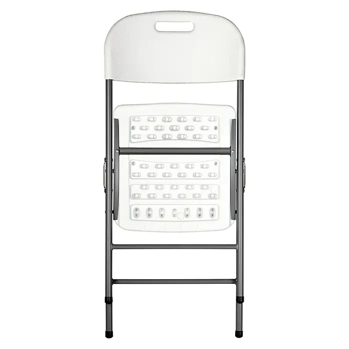 Silla de jardín Alan - 49 x 45 x 83 cm, Blanco roto, HDPE/Acero - Silla plegable blanca plegada con marco metálico gris, perfecta para eventos y fácil almacenamiento.