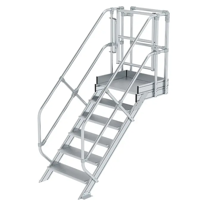 MUNK Treppen-Modul 1250mm Plattformoberkante Aluminium geriffelt 6 Stufen -  - Silberne Industriezugangstreppe mit Handläufen und Plattform für sicheren erhöhten Zugang.