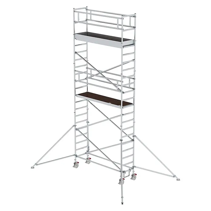 Munk Rollgerüst Aluminium-Rollgerüst mit Ausleger 2,45x0,75m Plattform 7,59m AH - Arbeitshöhe: 7.350 m - Silbernes Aluminium-Rollgerüst mit braunen Holzplattformen und Auslegern auf Rollen.