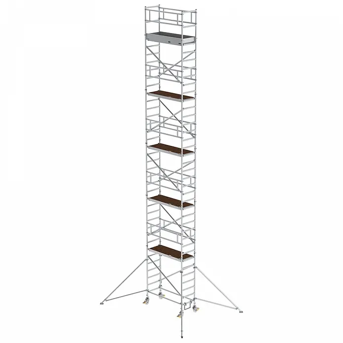 Munk Rollgerüst Aluminium-Rollgerüst mit Ausleger 1,80x0,75m Plattform 12,35m AH - Arbeitshöhe: 12.350 m - Hoher, mobiler Aluminium-Gerüstturm mit mehreren Holzplattformen, einem oberen Behälter und Stabilisierungsstützen.