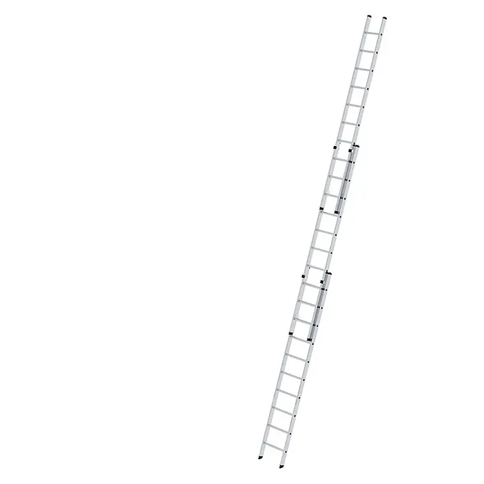 Munk Anlegeleiter Aluminium-Schiebeleiter 3-teilig ohne Traverse 3x10 Sprossen - Anzahl Tritte: 10 Stk., Arbeitshöhe: 8.000 m, Aluminium - Silberne Aluminium-Dreifach-Ausziehleiter.