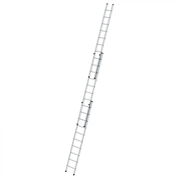 Munk Anlegeleiter Aluminium-Schiebeleiter 3-teilig ohne Traverse 3x10 Sprossen - Anzahl Tritte: 10 Stk., Arbeitshöhe: 8.000 m, Aluminium - Silberfarbene Aluminium-Ausziehleiter, bestehend aus mehreren Segmenten für verstellbare Höhe.