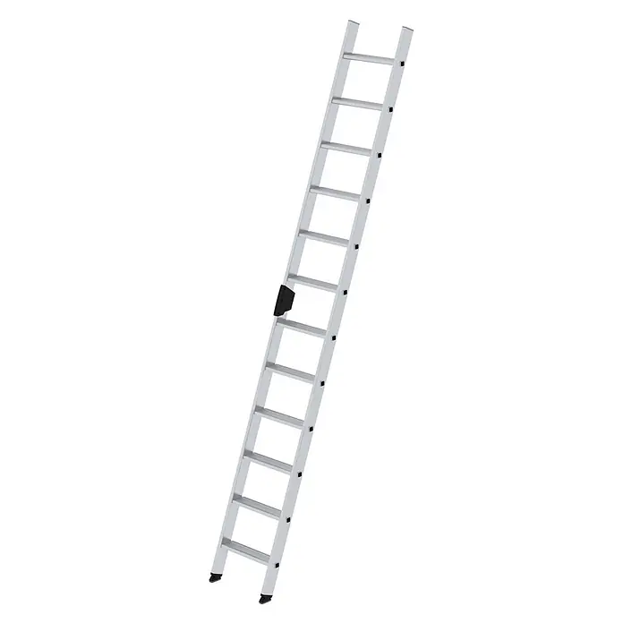 Munk Anlegeleiter Stufenanlegeleiter mit Ergo-Pad ohne Traverse 12 Stufen - Anzahl Tritte: 12 Stk., Arbeitshöhe: 4.300 m, Aluminium - Silberne Aluminium-Ausziehleiter mit schwarzen Anti-Rutsch-Füßen und Verstellmechanismus.