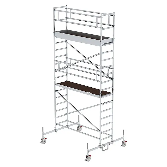 Munk Rollgerüst Rollgerüst mit Fahrbalken 0,75x2,45m Plattform 6,45m AH - Arbeitshöhe: 6.450 m - Mobiles Aluminium-Rollgerüst mit dunklen Plattformen und einer Werkzeugablage auf Rollen.