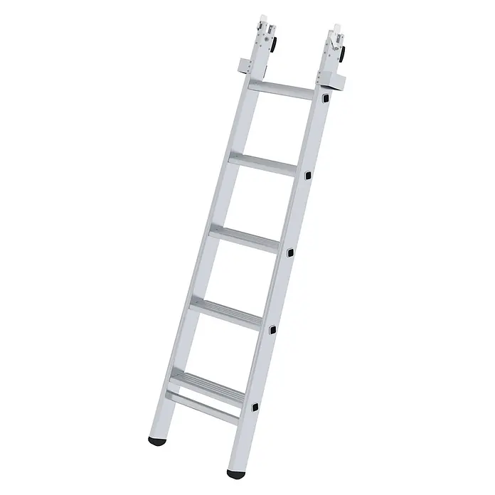 MUNK Stufen-Glasreinigerleiter mit nivello-Traverse, 5-stufiges Mittelteil -  - Silberne Aluminium-Ausziehleiter mit schwarzen Fußkappen und oberen Verstellmechanismen.