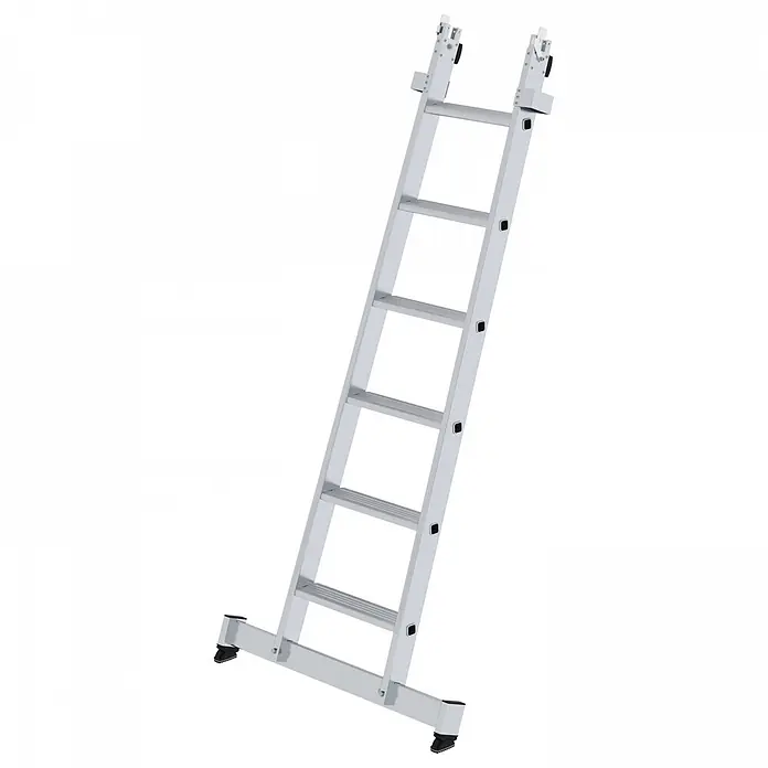 Munk Anlegeleiter Stufen-Glasreinigerleiter mit nivello-Traverse, 6-stufiges Unterteil - Anzahl Tritte: 6 Stk., Aluminium - Silberne Aluminium-Ausziehleiter mit breiten Sprossen, verstellbaren Füßen und oberen Befestigungspunkten.