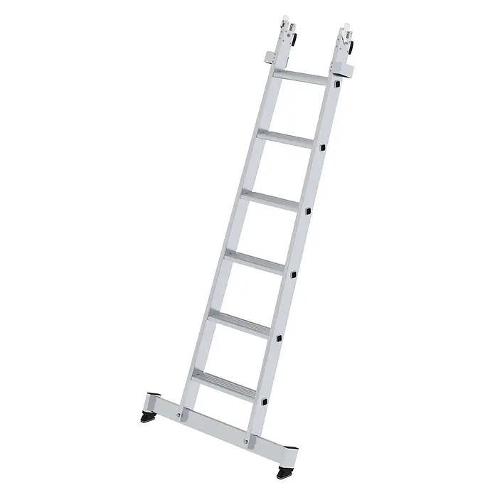 Munk Anlegeleiter Stufen-Glasreinigerleiter mit nivello-Traverse, 6-stufiges Unterteil - Anzahl Tritte: 6 Stk., Aluminium - Silberne Aluminiumleiter mit breitem Fuß und oberen Haken für sicheren Zugang.