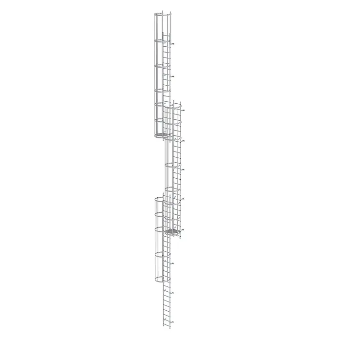 Munk Anlegeleiter ortsfeste Steigleitern Aluminium eloxiert, 15,96m SH PG2 - Aluminium - Hohes, modulares Metallleiter-System mit integrierten Sicherheitskäfigen und Plattformen, für den industriellen Vertikalzugang.