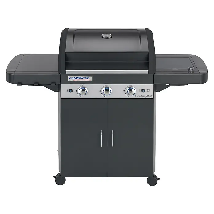 Campingaz Barbacoa de gas Classic LS Plus - Superficie de la parrilla (An x Pr): 61 x 45 cm, 3,2 kW, Número de quemadores: 3 - Parrilla de gas Campingaz gris oscuro con tres quemadores, mesas laterales y un armario con ruedas.