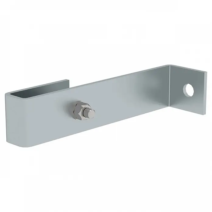 Munk Mehrzweckleiter Wandhalter für Schachtleitern starr 150 mm Stahl verzinkt - Stahl - Hellgraue, L-förmige Metallhalterung mit U-Profil an einem Ende, einer Schraube und einem Montageloch.