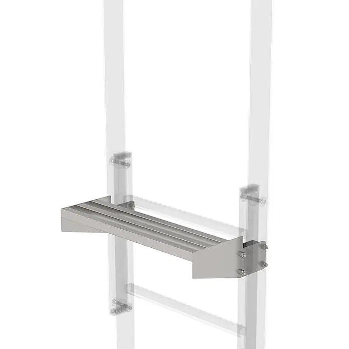 Munk Mehrzweckleiter Ausstiegstritt Edelstahl 200mm - Edelstahl - Silbergraues Lamellenregal aus Metall, mit Schrauben an zwei transparenten Vertikalprofilen befestigt.