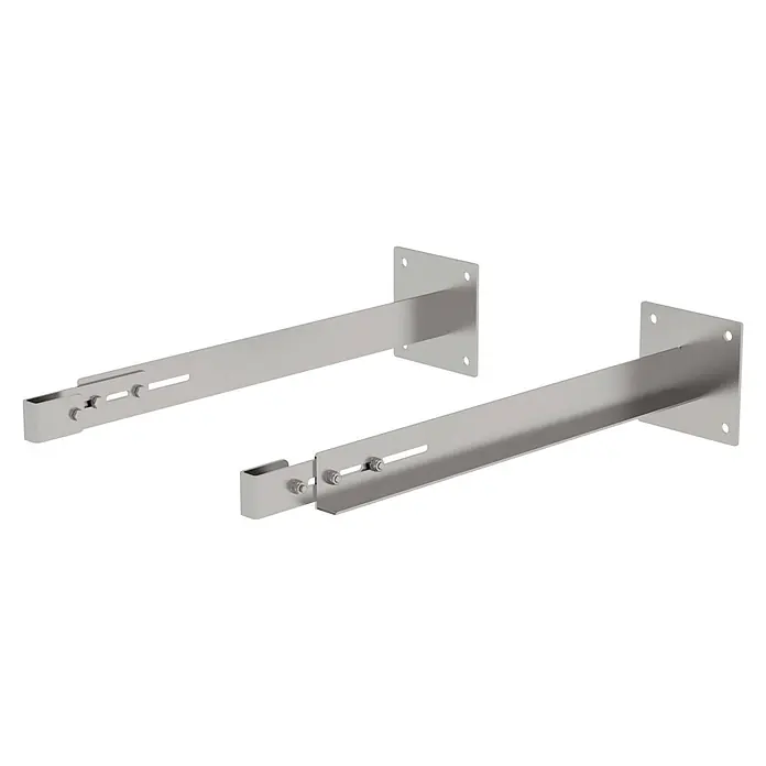 Munk Mehrzweckleiter Wandhalter - Edelstahl - Paar silberne Edelstahl-Montagewinkel, verstellbar, mit Wandplatten und geschlitzten Armen.