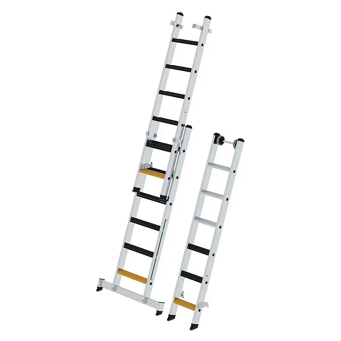 Munk Mehrzweckleiter Stufen- Mehrzweckleiter mit Wandlaufrollen, clipstep R13 und Nivello® Trav - Anzahl Tritte: 6 Stk., Arbeitshöhe: 5.200 m, Aluminium - Zwei silberne Aluminiumleitern: eine ausziehbare Mehrzweckleiter mit Podest und eine Dachleiter mit Rollen.