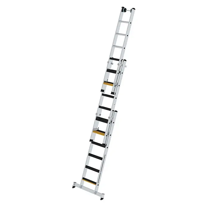 Munk Mehrzweckleiter Stufen- Mehrzweckleiter mit Wandlaufrollen, clipstep R13 und Nivello® Trav - Anzahl Tritte: 6 Stk., Arbeitshöhe: 5.200 m, Aluminium - Silberne Aluminium-Ausziehleiter mit schwarzen und gelben rutschfesten Sprossen, Stabilisatorbasis und oberen Rollen.