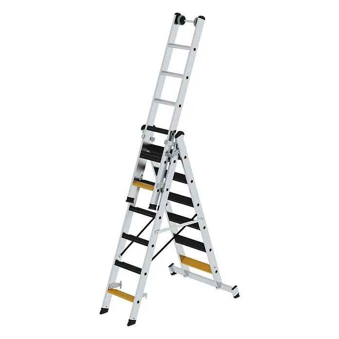 Munk Mehrzweckleiter Stufen- Mehrzweckleiter mit Wandlaufrollen, clipstep R13 und Nivello® Trav - Anzahl Tritte: 6 Stk., Arbeitshöhe: 5.200 m, Aluminium - Silberne Mehrzweckleiter in A-Position mit schwarzen und gelben Stufen und oberen Rollen.