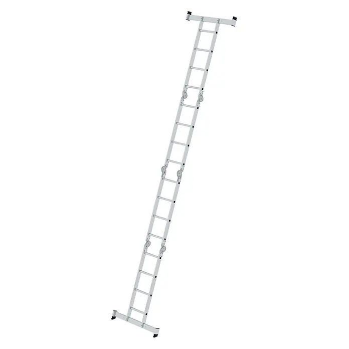 Munk Mehrzweckleiter Vielzweckleiter mit Nivello® Traverse 4x4 Sprossen - Anzahl Tritte: 4 Stk., Arbeitshöhe: 5.850 m, Aluminium - Silberne Aluminium-Ausziehleiter mit Stabilisator und Rollen zur einfachen Einstellung und Positionierung.