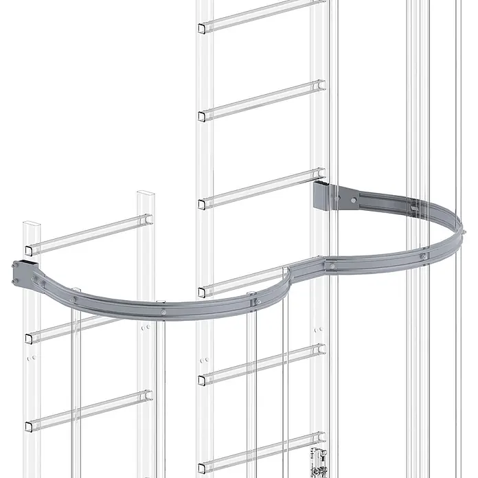 MUNK Rückenschutzbügel versetzte Ausführung Aluminium -  - Graue, gebogene Metallschiene in einem transparenten vertikalen Schacht.