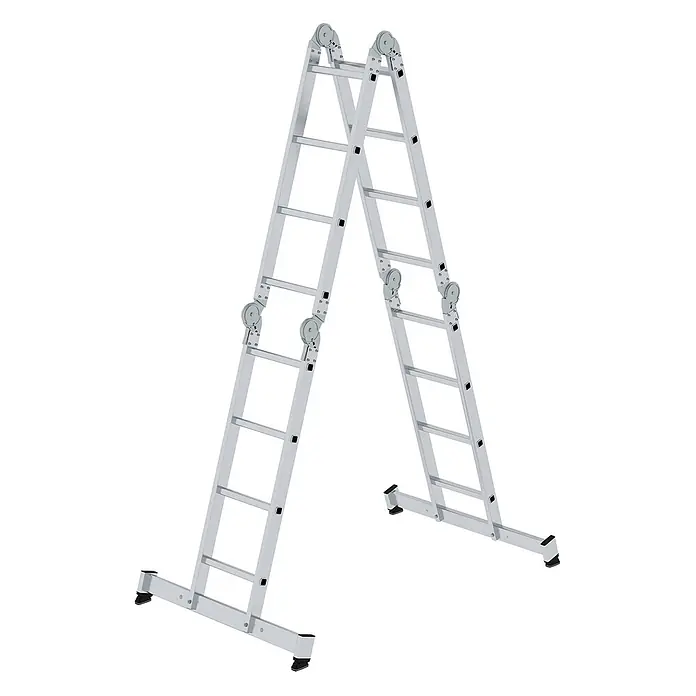 Munk Mehrzweckleiter Vielzweckleiter mit Nivello® Traverse 4x4 Sprossen - Anzahl Tritte: 4 Stk., Arbeitshöhe: 5.850 m, Aluminium - Vielseitige silberne Aluminium-Klappleiter, als Stehleiter oder Anlegeleiter konfigurierbar.