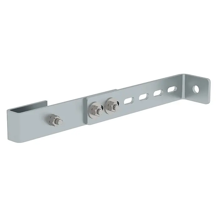Munk Mehrzweckleiter Wandhalter - Stahl - Hellgraue Metallhalterung mit U-förmigen und L-förmigen Komponenten, befestigt mit drei Schrauben und Muttern, mit Langlöchern und Rundloch.