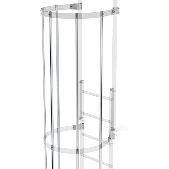 Munk Mehrzweckleiter Rückenschutzstrebe 3000mm lang Aluminium - Aluminium - Transparenter zylindrischer Leiter-Schutzkorb mit silbernem Metallrahmen, der eine Leiter umschließt.