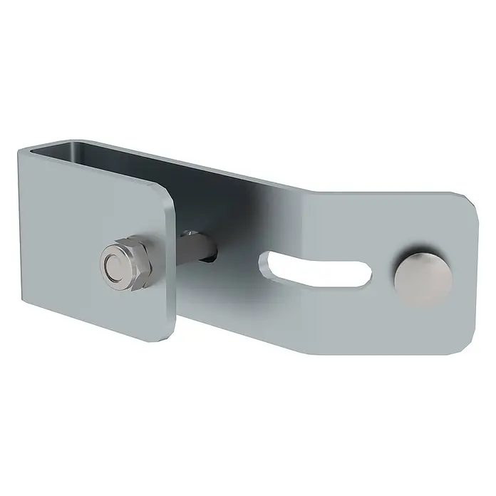 Munk Mehrzweckleiter Schienenbefestigung 60x25mm Stahl verzinkt - Stahl - Graue Metall-Befestigungskonsole mit U-Profil, Bolzen und Langloch.