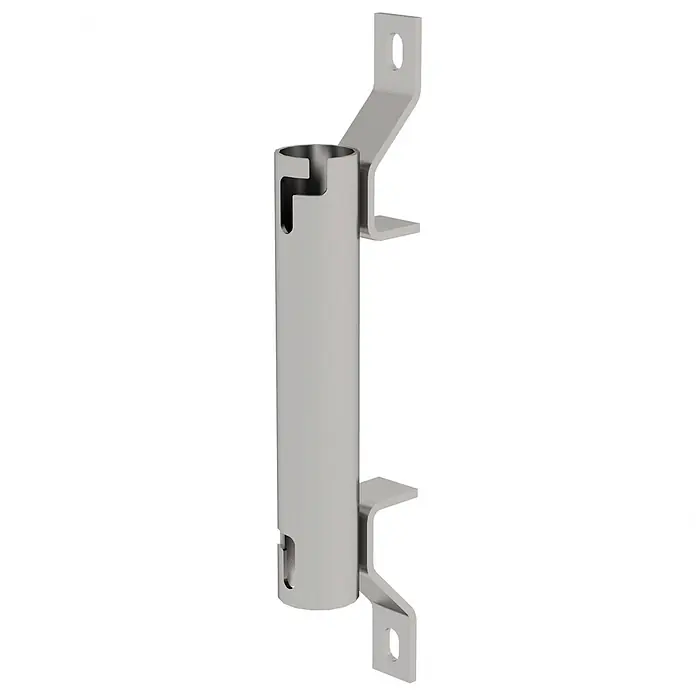 Munk Mehrzweckleiter Einsteckhülse aus Edelstahl für Einstiegshilfe - Edelstahl - Silberne Metall-Montagehalterung mit zylindrischem Teil und flachen Flanschen zur Befestigung.