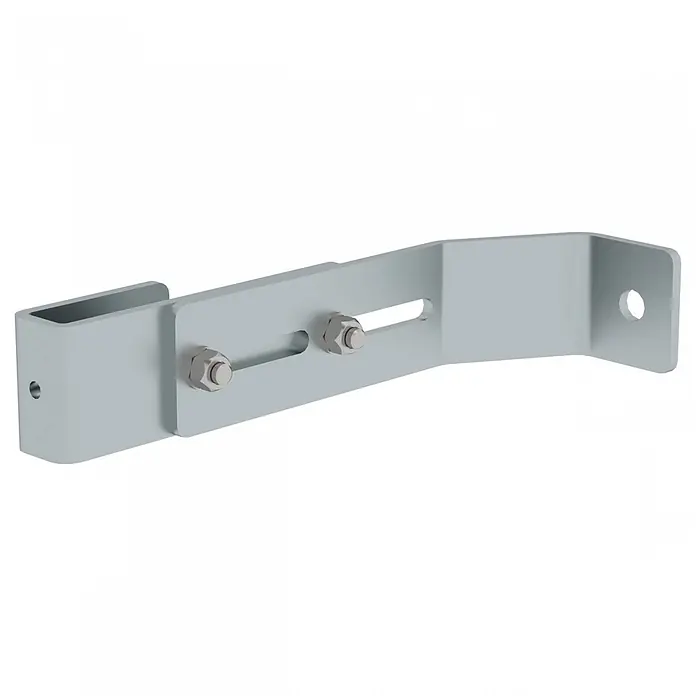 Munk Mehrzweckleiter Wandhalter für Schachtleitern verstellbar 165-215 mm Stahl verzinkt 1 Stück - Stahl - Hellgrauer Metallwinkel mit U-förmigem Ende, verstellbarem Langloch mit zwei Schrauben und einem Befestigungsloch.