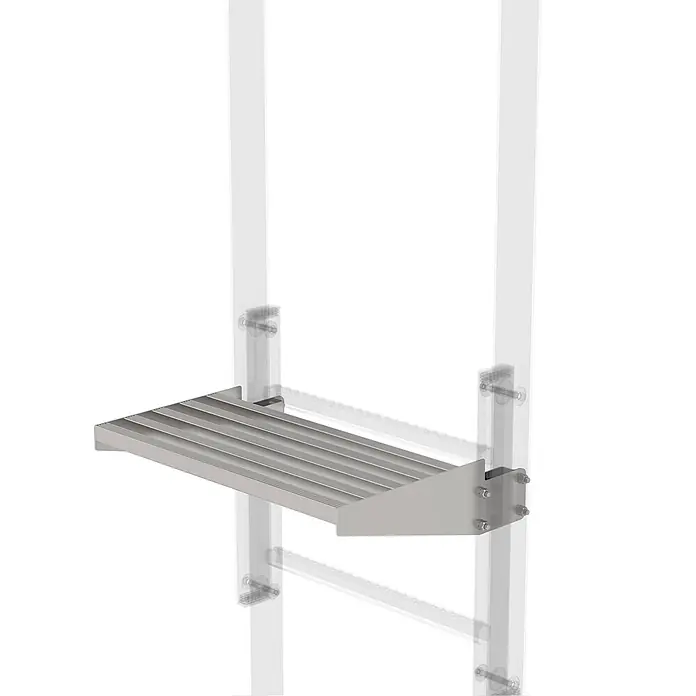 Munk Mehrzweckleiter Ausstiegstritt Edelstahl 300mm - Edelstahl - Silbergraues Metall-Lamellenregal auf vertikalen Stützen montiert.
