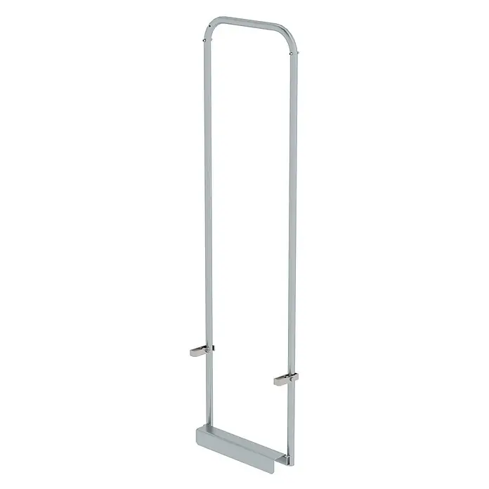Munk Mehrzweckleiter Einstiegshilfe aus Stahl verzinkt doppelholmig für Leiterbreite 440mm - Stahl - Hellgrauer Metallrahmen für Duschkabinen, mit gebogenem Oberteil, zwei mittleren Klammern und einer flachen Bodenleiste.