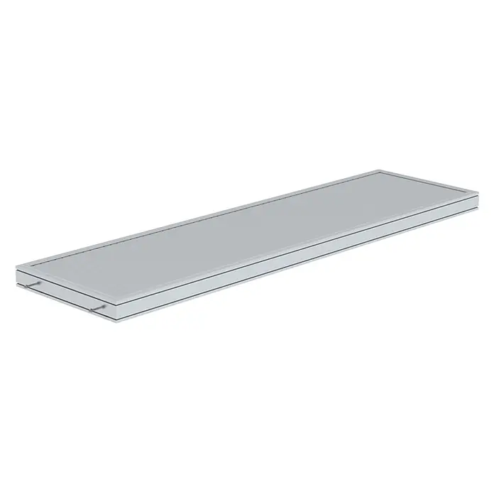 Munk Arbeitsplattform Plattform für Laufsteganlage Aluminium geriffelt Plattformlänge 3060mm - Aluminium - Flache, hellgraue rechteckige Platte mit gerippter Oberfläche und zwei Anschlussstutzen an einem Ende.