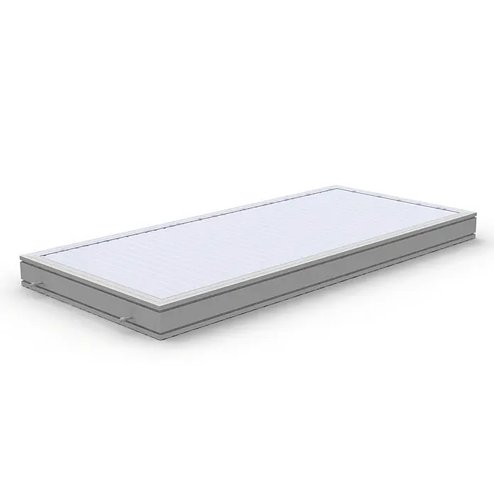 Munk Arbeitsplattform Plattform für Laufsteganlage Aluminium geriffelt Plattformlänge 3060mm - Aluminium - Grau gerahmtes Solarkollektorpaneel mit weißer Riffeloberfläche und zwei Rohrverbindungen.