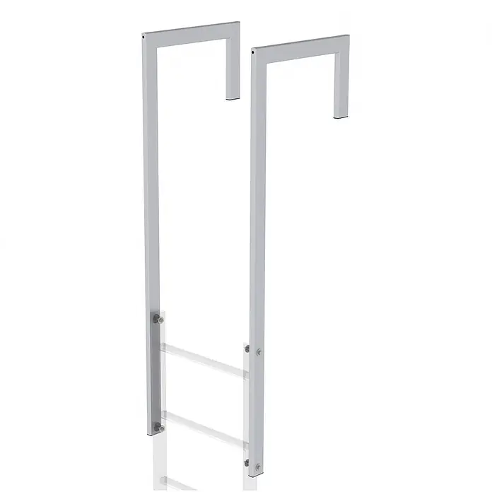 Munk Mehrzweckleiter Ausstiegsholm abgewinkelt Aluminium eloxiert 1 Stück - Aluminium - Zwei hellgraue, L-förmige Metall-Kleiderstangen, Teil eines modularen Präsentationssystems.