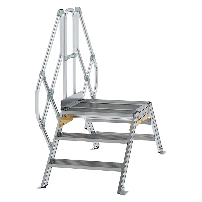 Munk Treppenpodest Überstieg 45° inkl. einen Handlauf, Stufenbreite 800mm, 2x3 Stufen -  - Silberne, tragbare Aluminium-Stufenplattform mit drei Stufen und Sicherheitsgeländern.