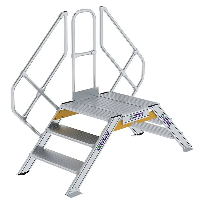 Munk Treppenpodest Überstieg 45° inkl. einen Handlauf, Stufenbreite 800mm, 2x3 Stufen -  - Silberne modulare Aluminium-Zugangsplattform mit Treppen und Geländern für den Industriebereich.