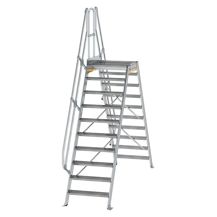Munk Treppenpodest Überstieg 60° inkl. einen Handlauf, Stufenbreite 800mm, 2x10 Stufen -  - Silberfarbene Aluminium-Zugangstreppe mit breiten Stufen, integrierter Plattform und Sicherheitsgeländern für den industriellen Einsatz.