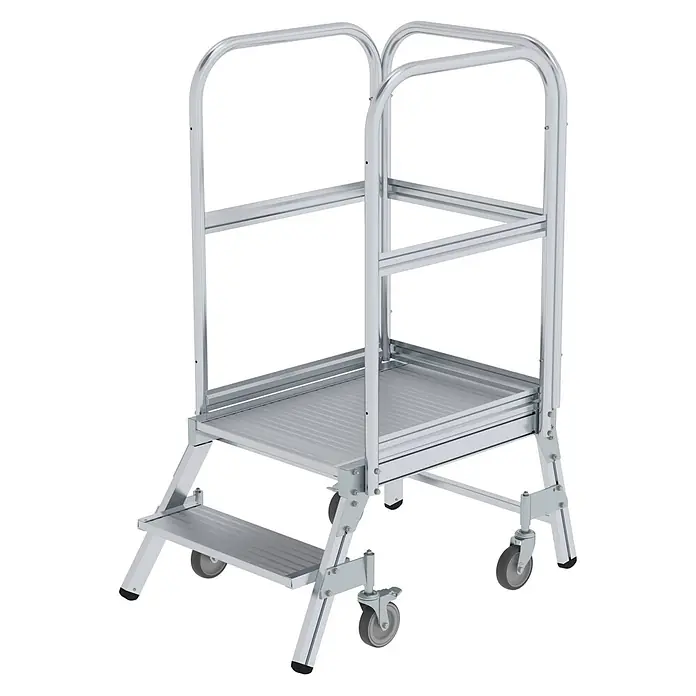 Munk Podestleiter Podestleiter fahrbar Aluminium geriffelt 2 Stufen - Anzahl Tritte: 2 Stk., Arbeitshöhe: 2.480 m, Aluminium - Silberfarbene, zweistufige mobile Arbeitsplattform mit Handläufen und Rollen.