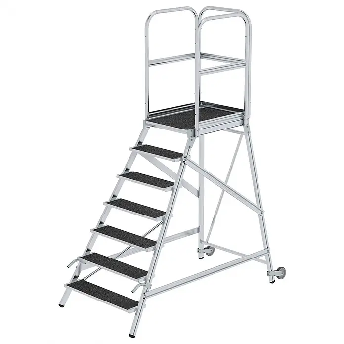 Munk Treppenpodest Podestleiter mit Rollen und Griff R13 Korund 7 Stufen - Anzahl Tritte: 7 Stk., Arbeitshöhe: 3.700 m, Aluminium - Silberne Aluminium-Arbeitsplattform mit schwarzen Antirutschstufen und Sicherheitsgeländern.