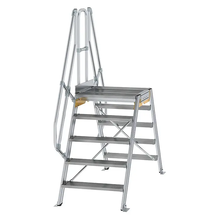 Munk Treppenpodest Überstieg 60° inkl. einen Handlauf, Stufenbreite 800mm, 2x5 Stufen -  - Silber-graue Metall-Podesttreppe mit mehreren Stufen, Handläufen und gelben Akzenten für sicheren Höhenzugang.