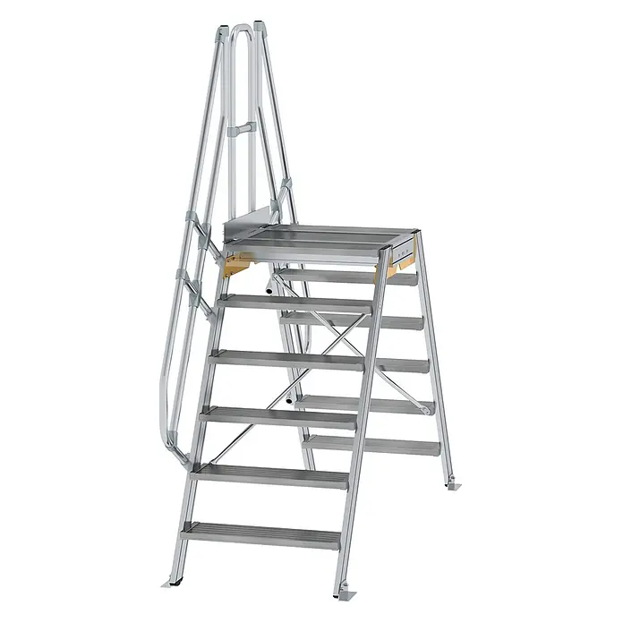 Munk Treppenpodest Überstieg 60° inkl. einen Handlauf, Stufenbreite 800mm, 2x6 Stufen -  - Silberne Aluminium-Zugangsplattform mit mehreren Stufen und Handläufen für sicheres Arbeiten in der Höhe.