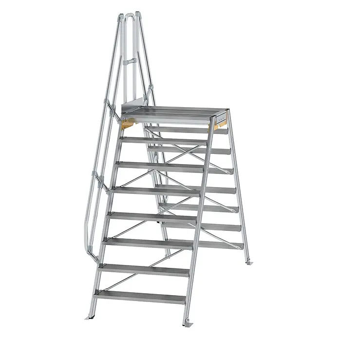 Munk Treppenpodest Überstieg 60° inkl. einen Handlauf, Stufenbreite 1000mm, 2x8 Stufen -  - Silberne Aluminium-Industriestufenleiter mit acht Stufen, einer Plattform und Sicherheitsgeländern.