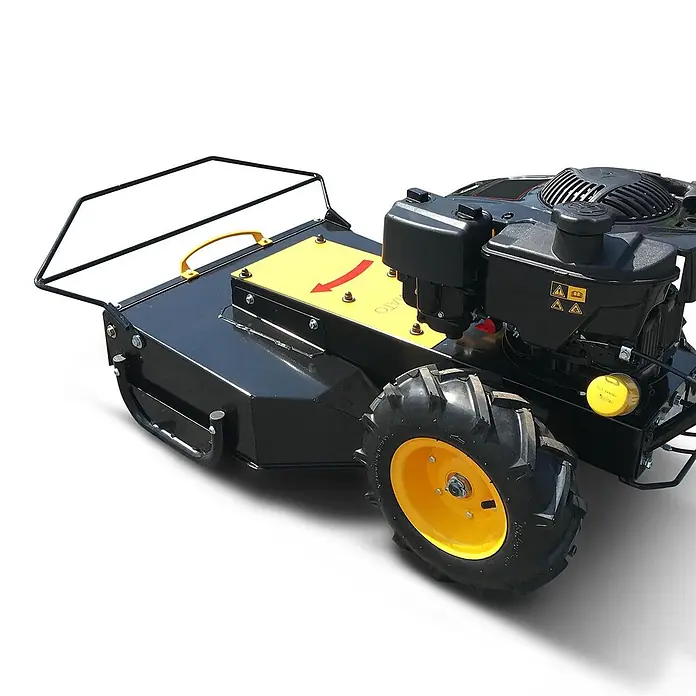 Bamato Benzin-Rasenmäher GM-875 - 223 cm³, Schnittbreite: 580 mm - Schwarz-gelber selbstfahrender Gestrüppmäher mit sichtbarem Motor, großen robusten Rädern und Frontschutzbügel.